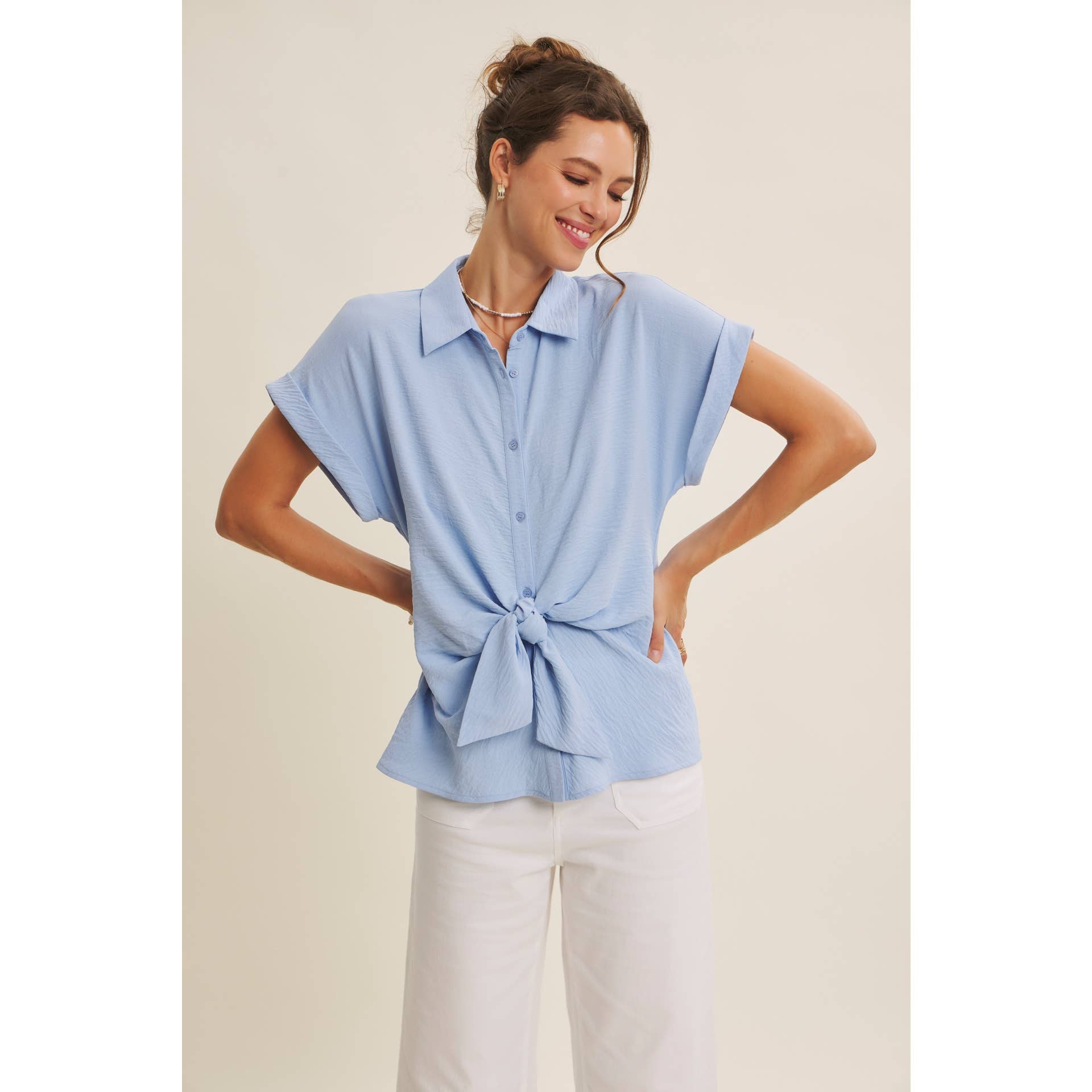 Knotted Blouse Top - Side View | Front Knot Detail