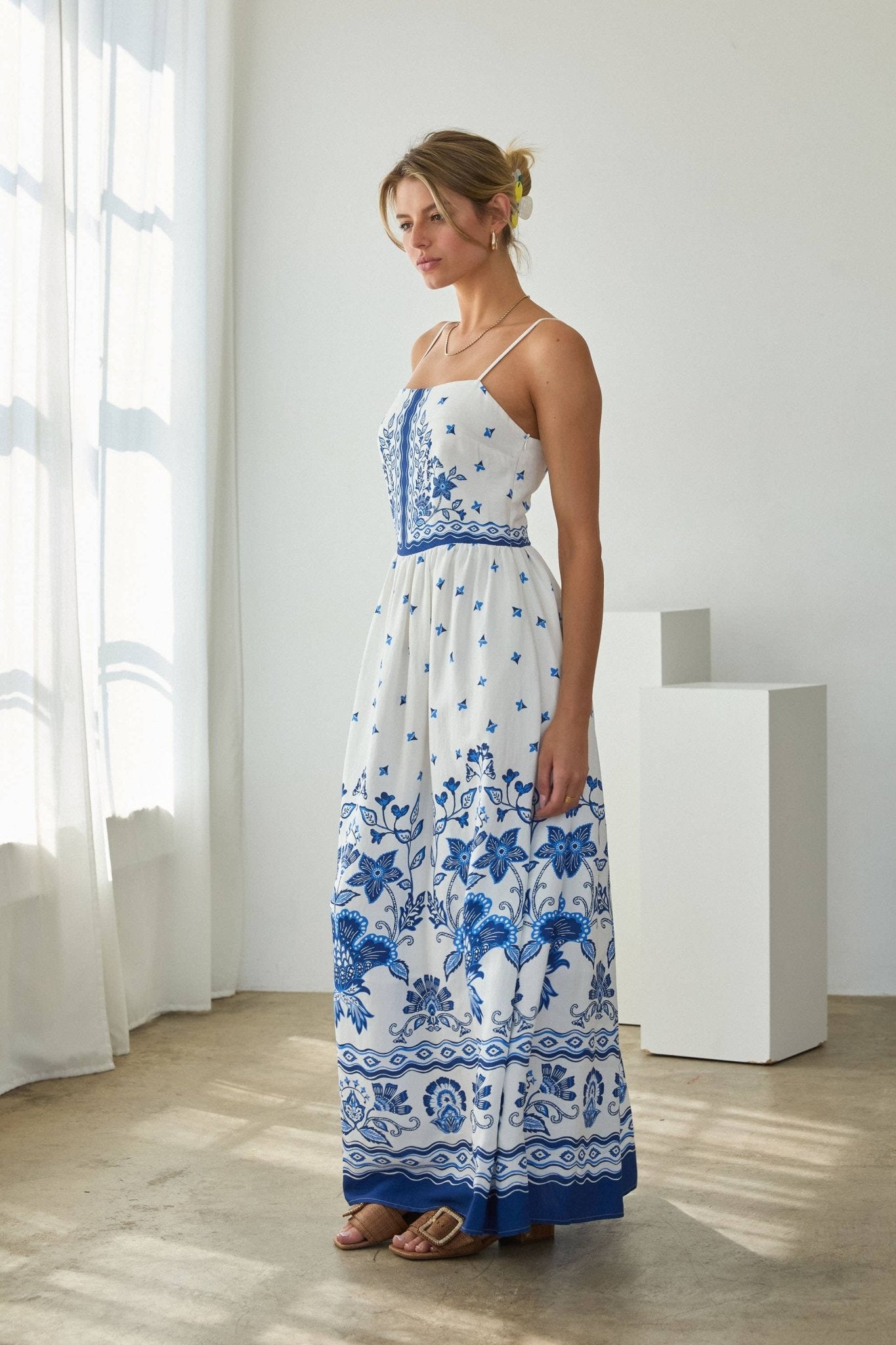 Border Print Maxi Dress - Styled with Sandals | Blue Floral Maxi