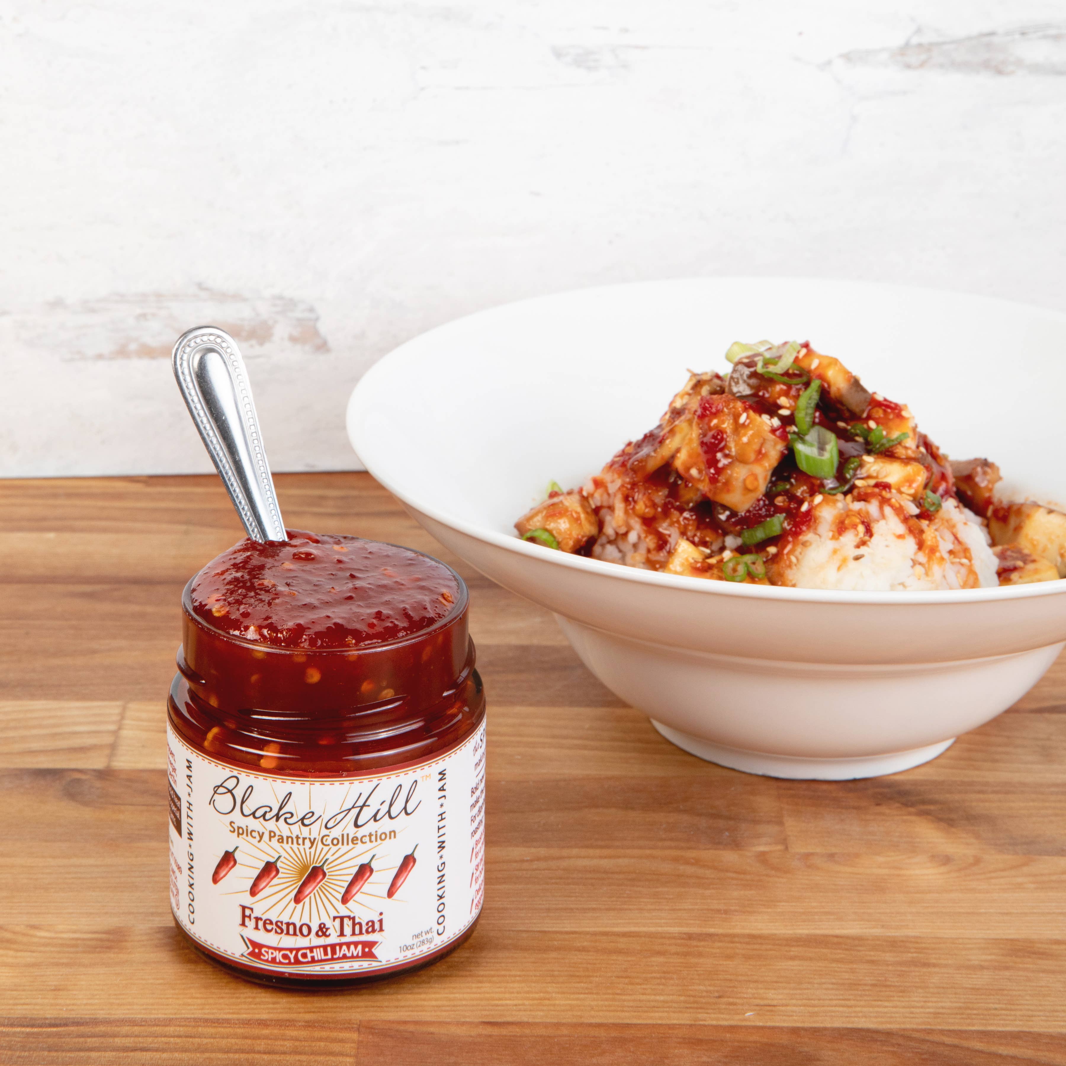 Blake Hill Preserves Fresno & Thai Spicy Chili Jam used in Stir Fry over rice