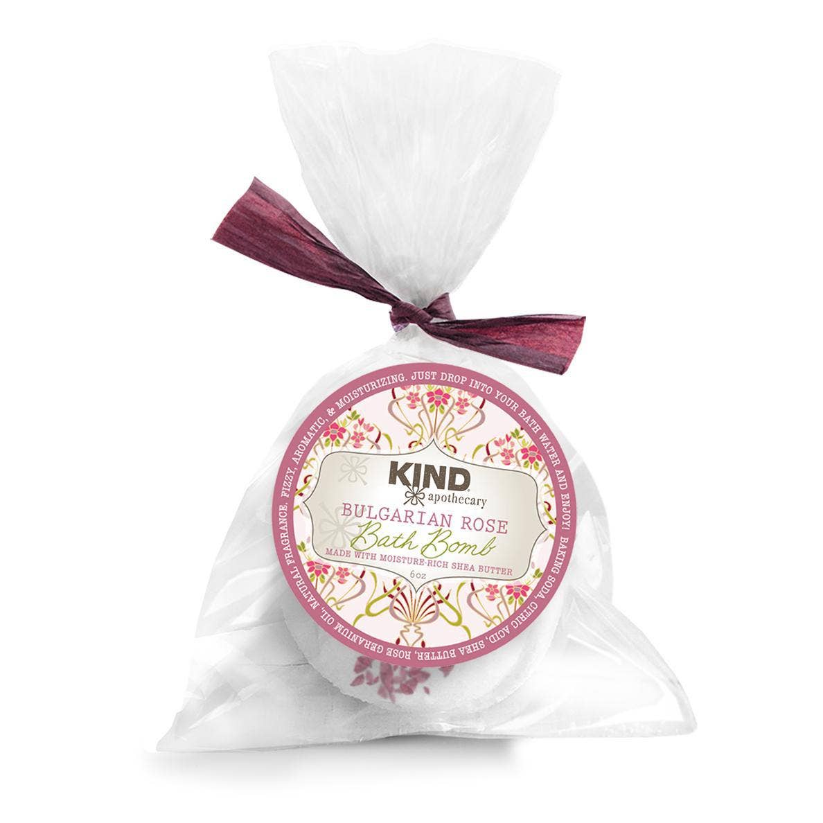 Bulgarian Rose natural bath bomb with shea butter in a clear plastic bag tied with a matching color bow