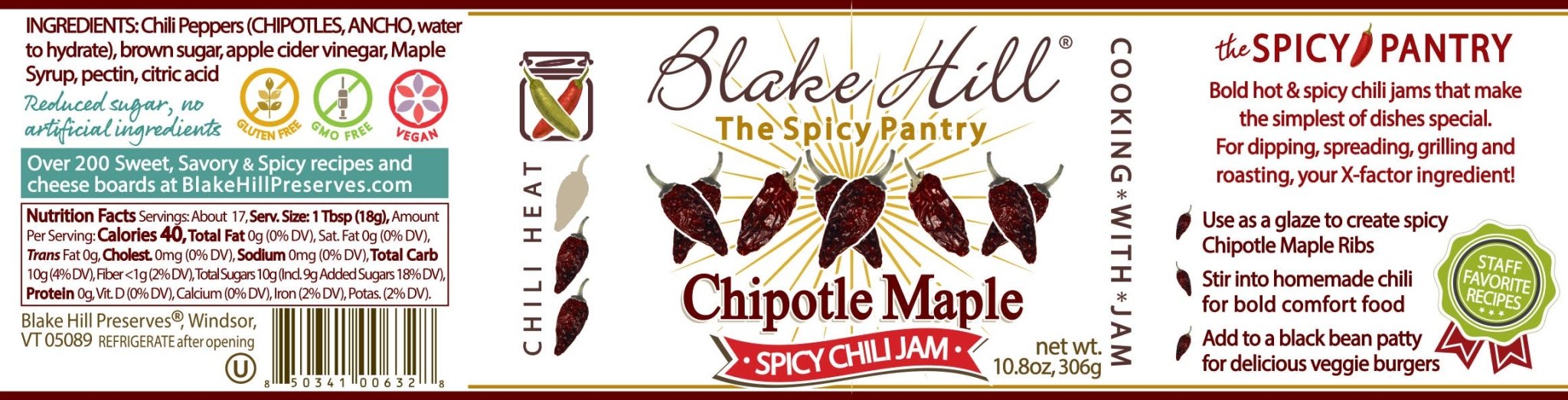 Nutrition/Ingredient LabelI for Chipotle Maple Chili Jam by Blake Hill Preserves – a gourmet spicy BBQ jam