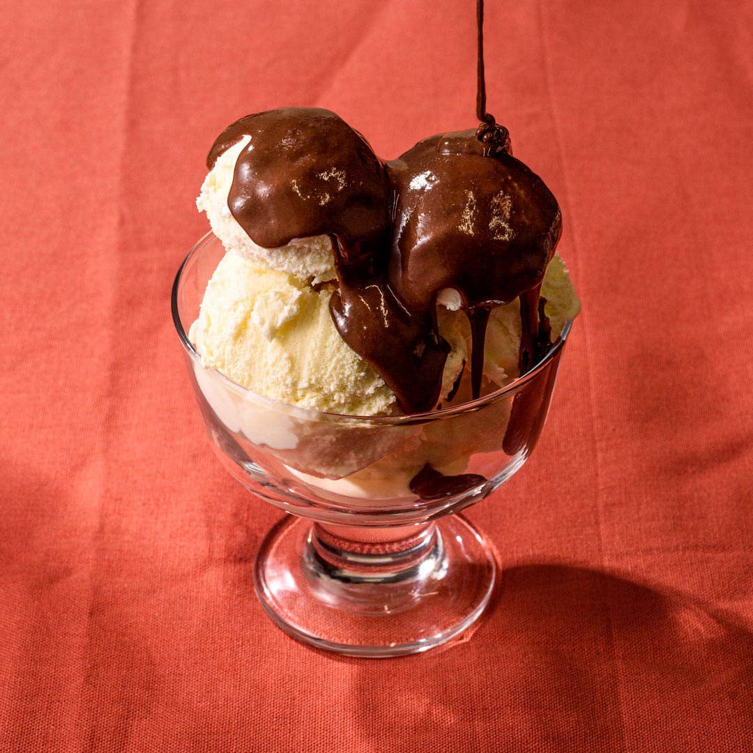 Ice cream drizzled in Chocolate Sesame Sauce by Seed + Mill – vegan, nut-free, low-sugar
