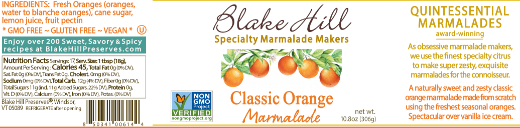 Nutrition/Ingredient labeld for Classic Orange Marmalade – Fine Cut Citrus Preserve