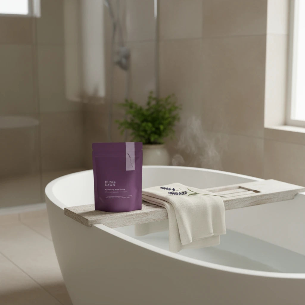 Dusk & Dawn Relaxing Bath Soak Lavender Peppermint Scent bath soak pouch displayed on bathtub ledge in neutral modern bathroom