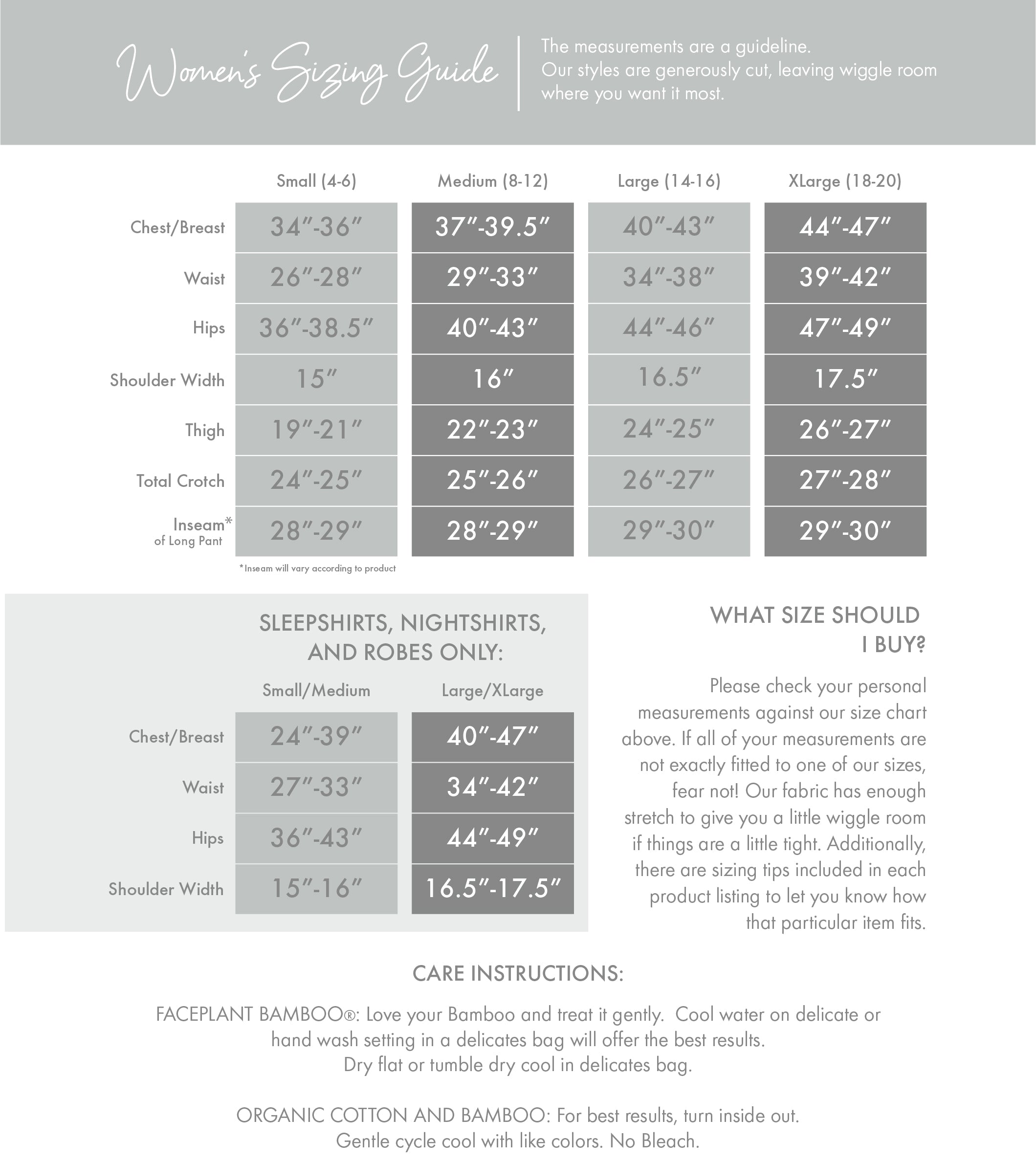Earl Grey Bamboo V-Neck Nightshirt Size Guide