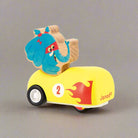 Elephant sitting in a yellow Wooden Pull-Back Car