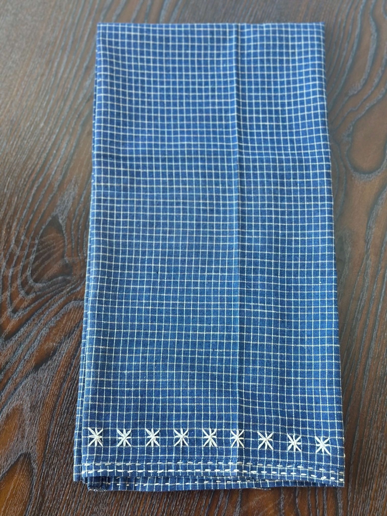 Embroidered Checkered Navy Blue Tea Towel - Soft Khadi Cotton