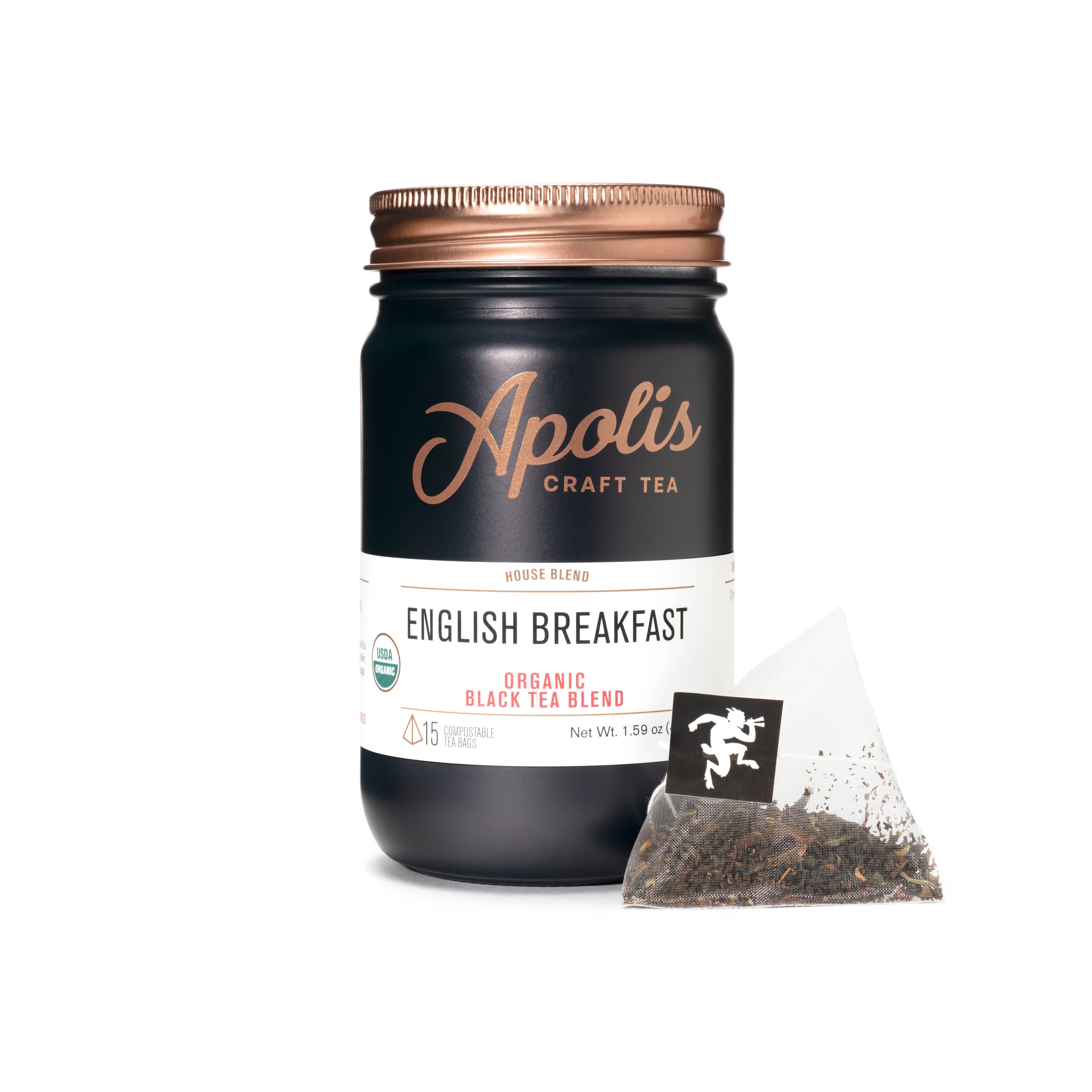 Apolis English Breakfast Tea jar with a tea bag on a white background