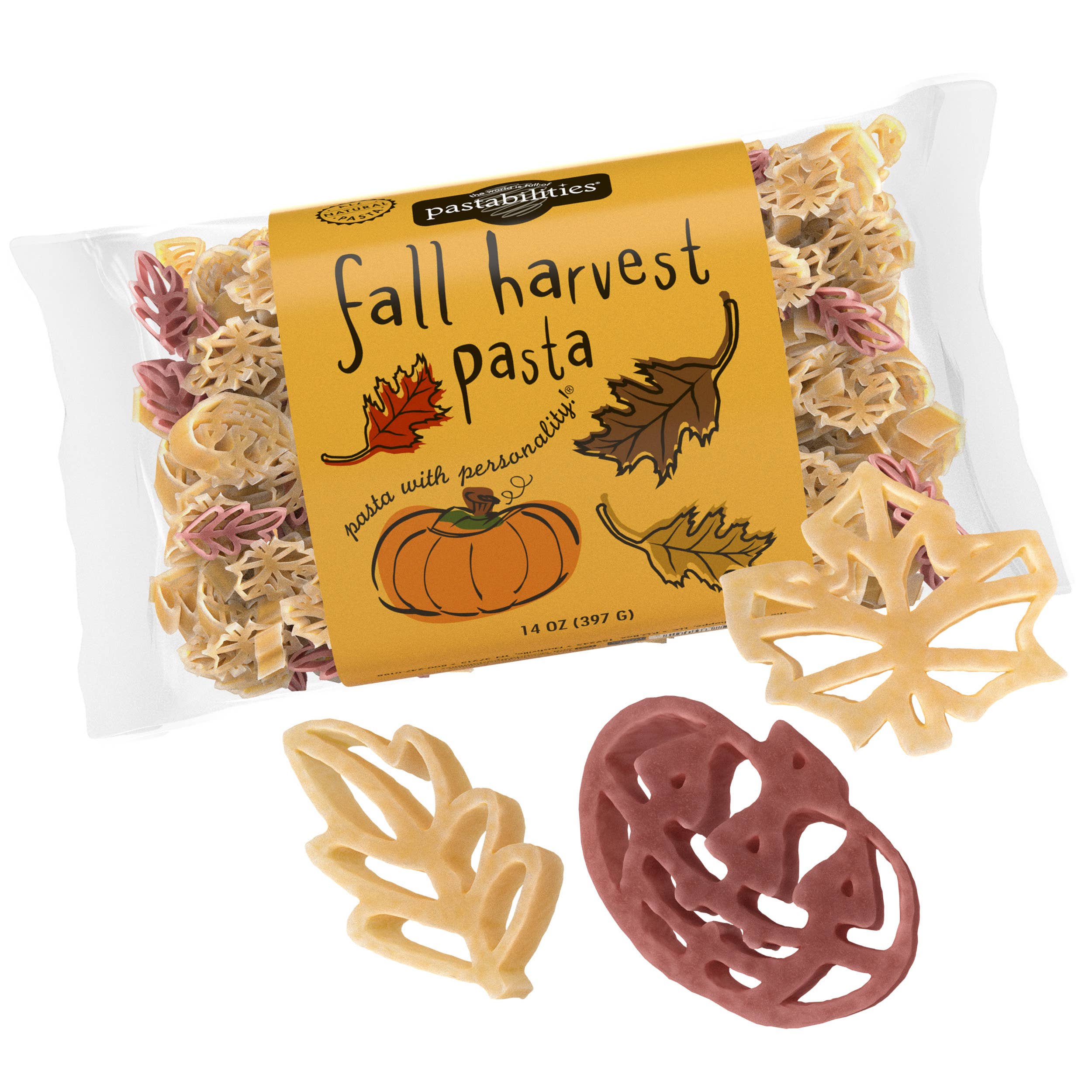 Packaged Fall Harvest Pasta from Pastabilities, featuring festive, seasonal shapes displayed against a clean white background.