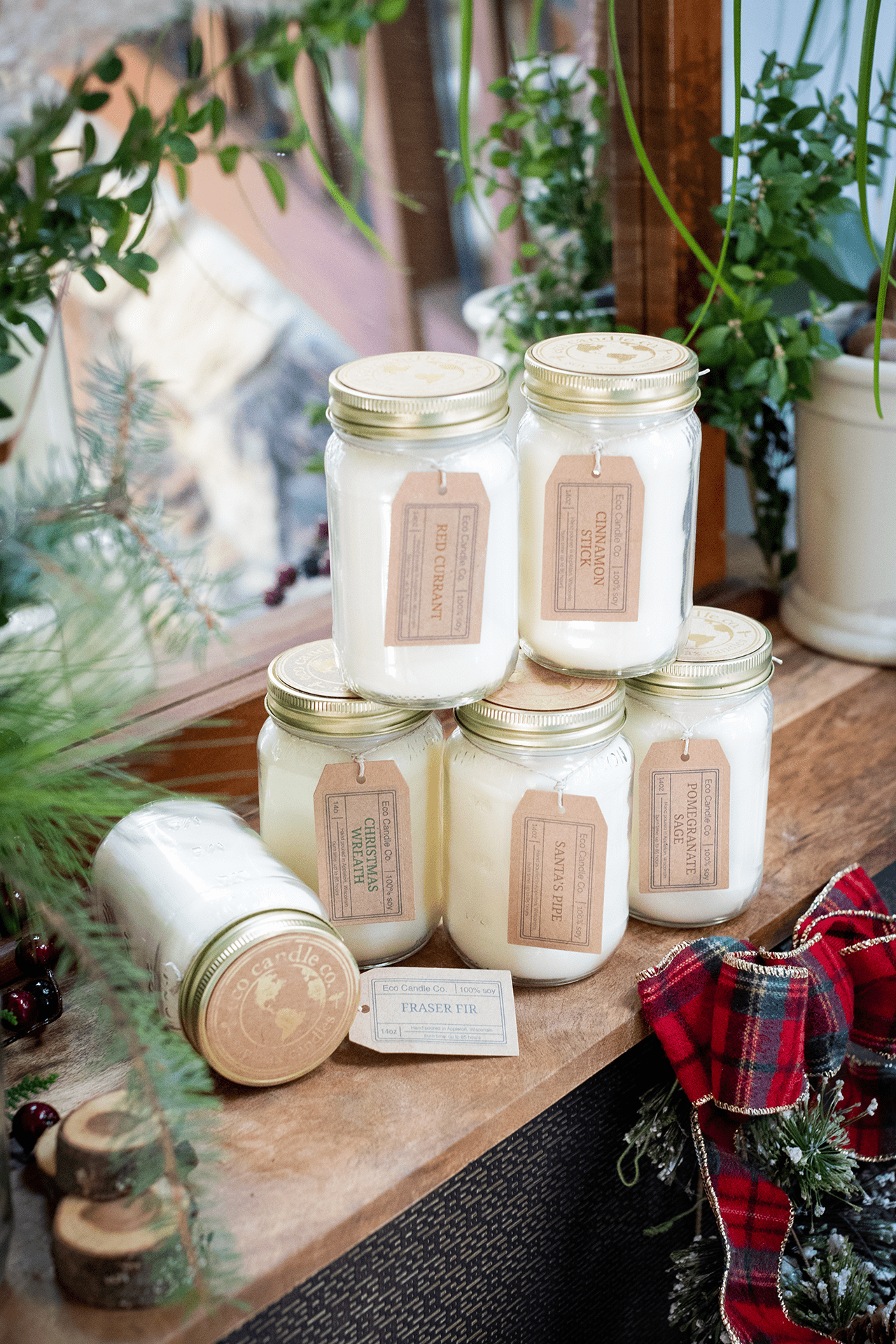Jars of Fraser Fir Soy Candle by Eco Candle Company  on a wooden surface with plants in the background