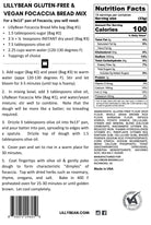 Nutrition label for Gluten-Free Focaccia Bread Mix by LillyBean Baking – vegan, allergen-free