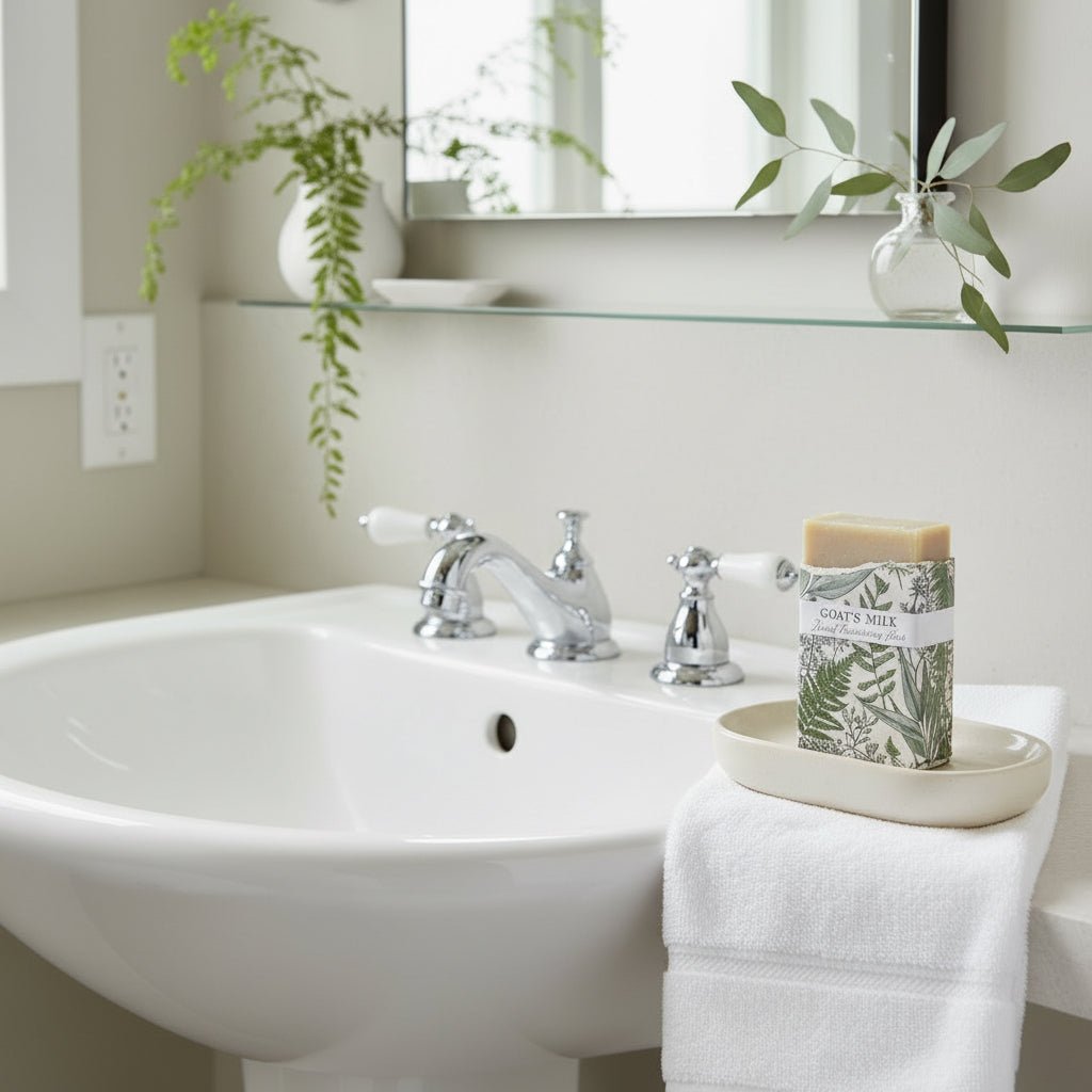 Kind Apothecary Goat's Milk Facial Cleansing Bar unscented in a bathroom setting 