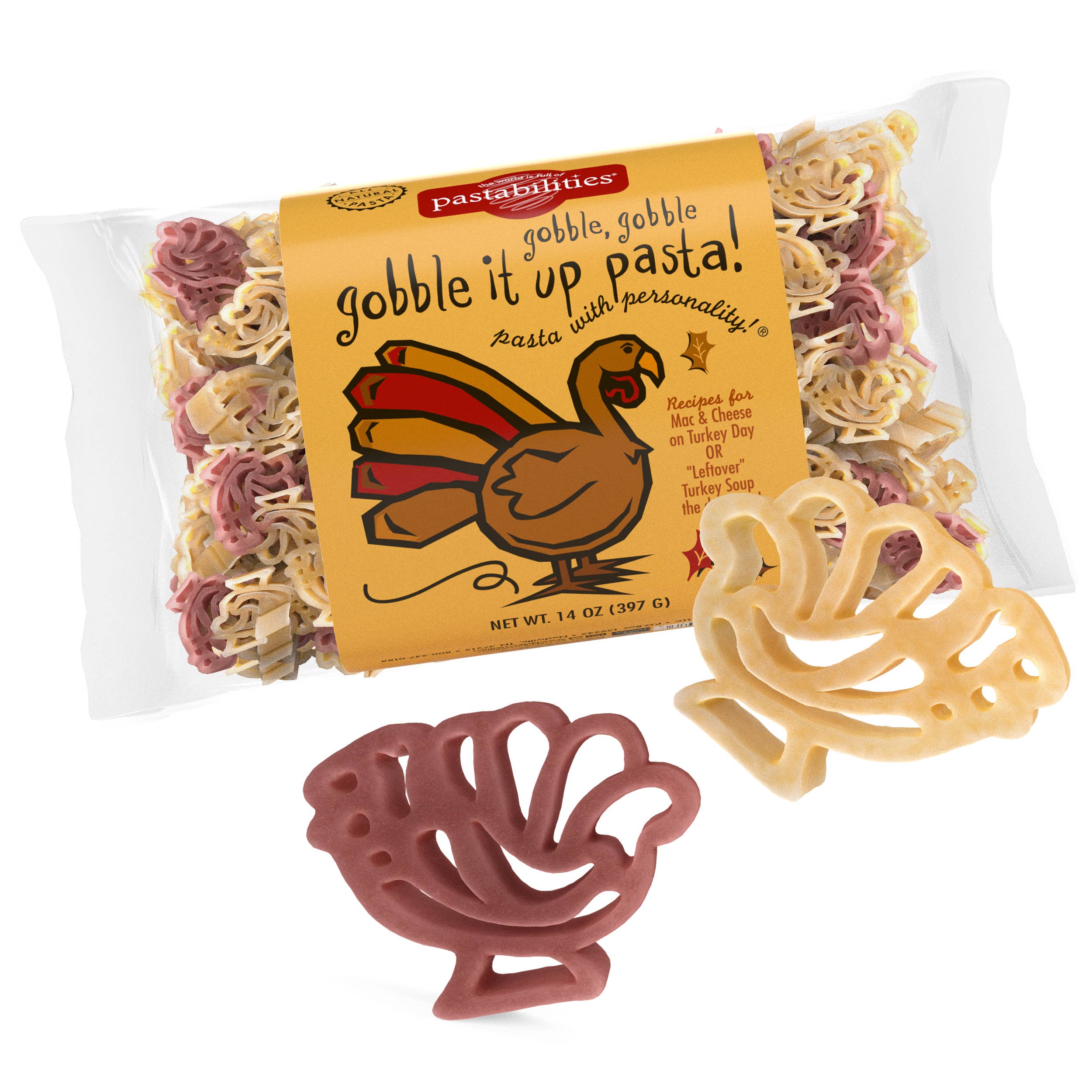 Gobble Gobble Turkey Pasta from Pastabilities, with label design showcasing two turkey-shaped pasta pieces.
