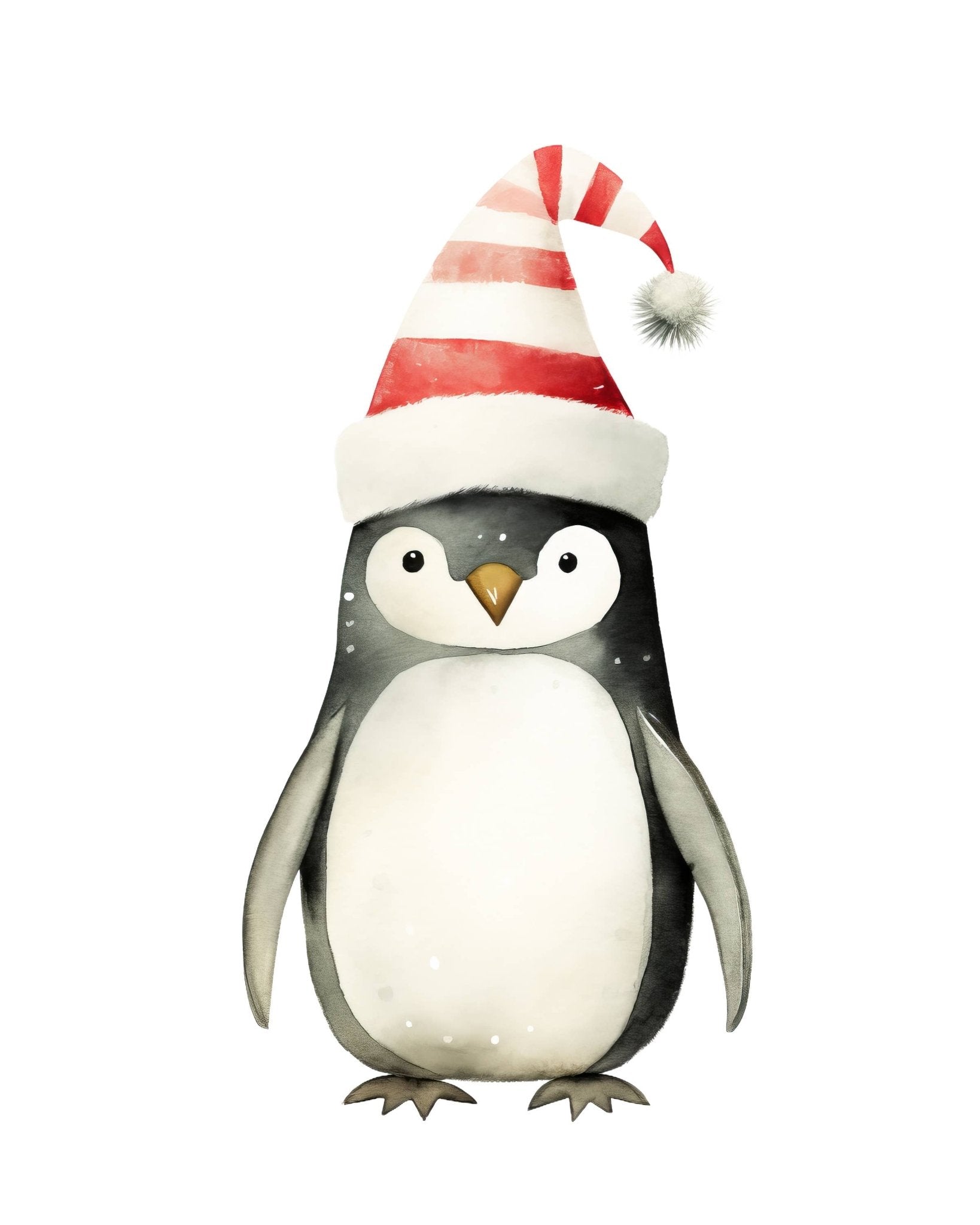Close-up of a penguin wearing a Santa hat from the Kids Penguin Holiday Watercolor Kit by Breathe People.