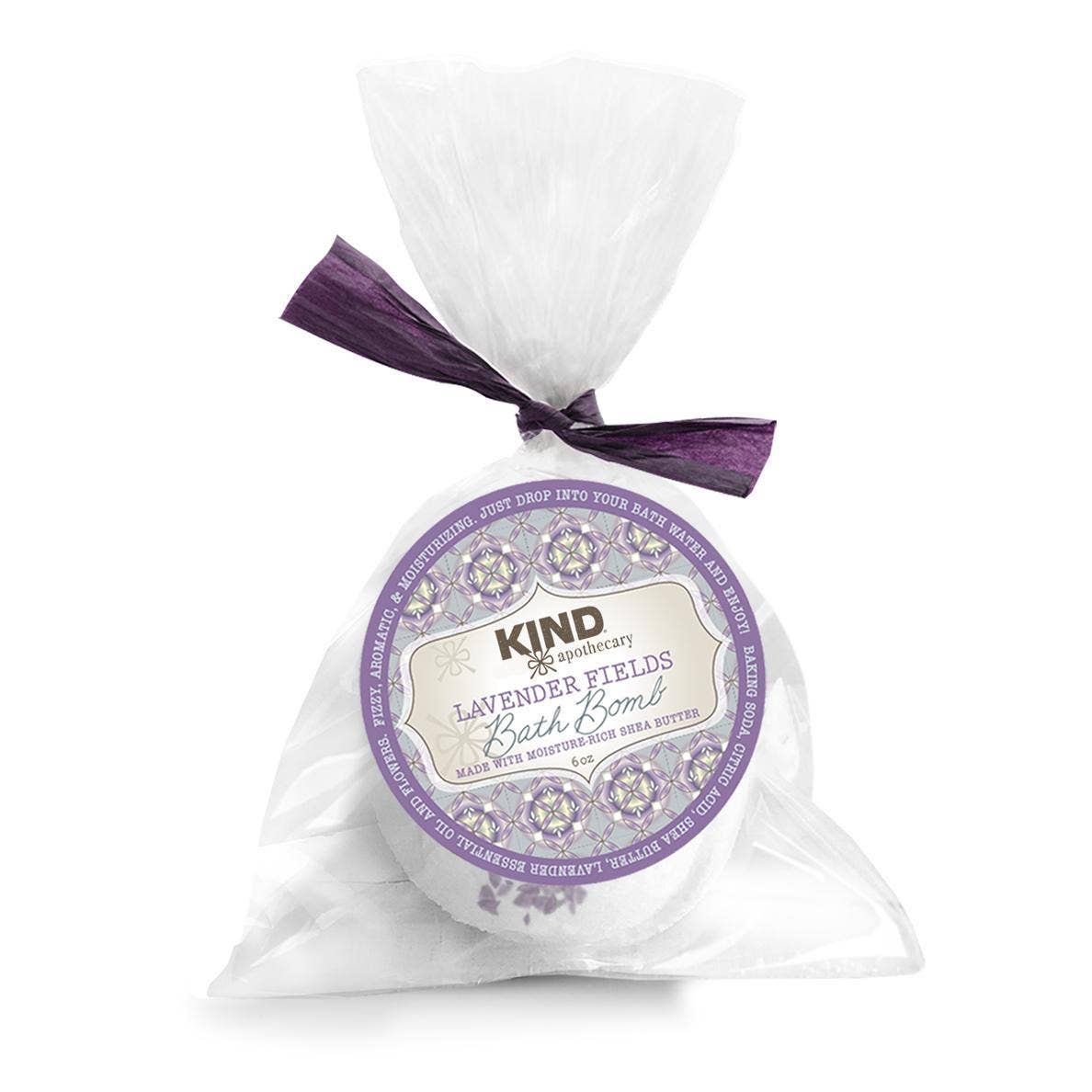 Lavender Fields natural bath bomb with shea butter in a clear plastic bag tied with a matching color bow