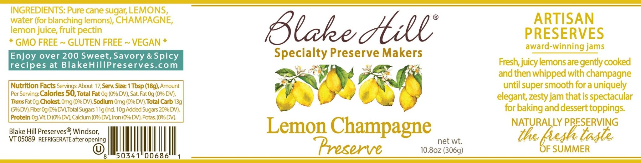 Nutrition/Ingredient label for Lemon Champagne Jam by Blake Hill Preserves – a gourmet Lisbon lemon preserve
