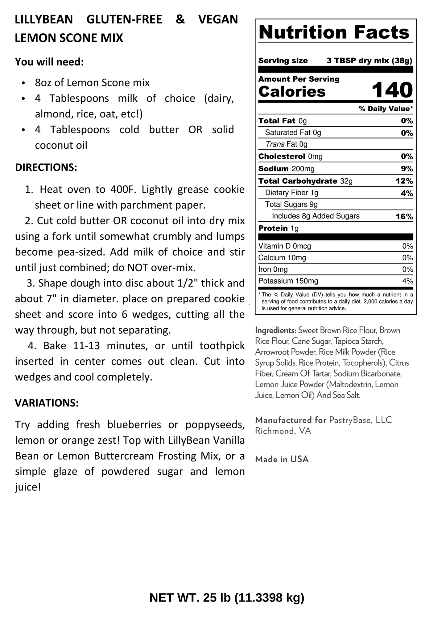 Nutrition label for Lemon Scone Mix by LillyBean Baking – vegan, gluten-free, allergen-free