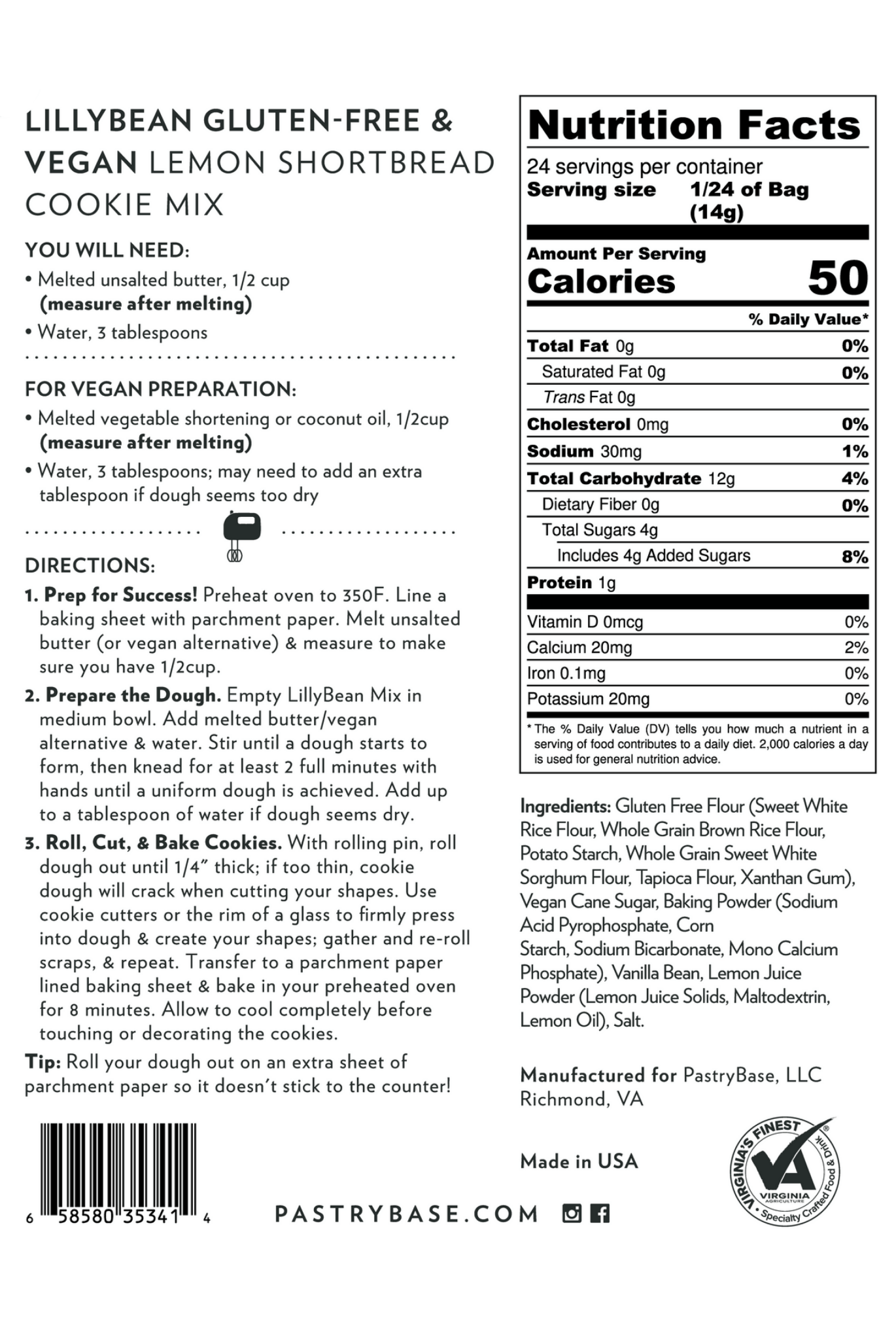 Nutrition label for Lemon Shortbread Cookie Mix by LillyBean Baking – vegan and gluten-free