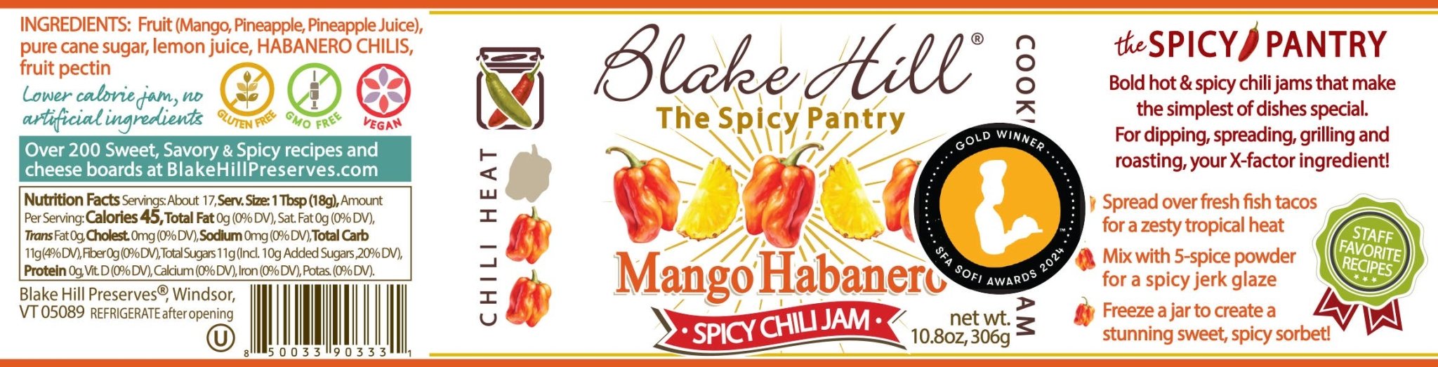 Nutrition/Ingredient label for Mango Habanero Chili Jam by Blake Hill Preserves – an award-winning preserve