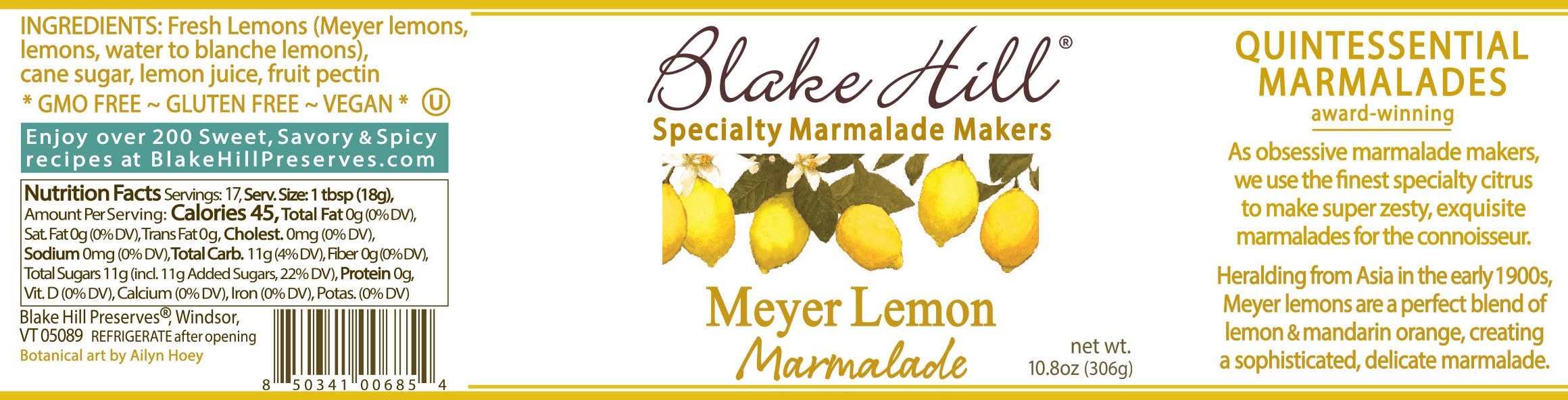 Nutrition/Ingredient label for Meyer Lemon Marmalade by Blake Hill Preserves – a gourmet citrus preserve