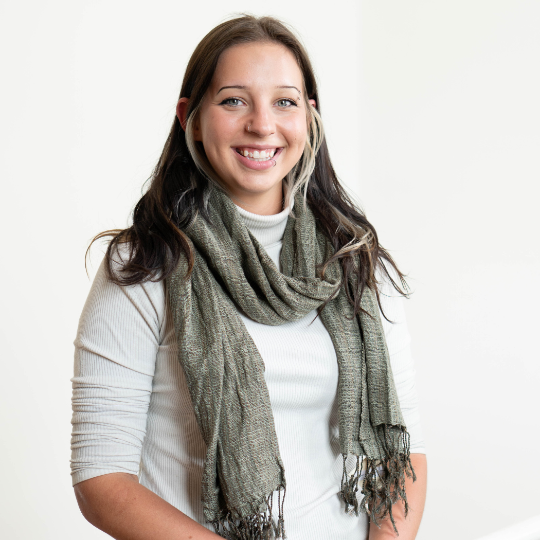Woman wearing a Moss Woven Cotton Scarf by Fair Anita 