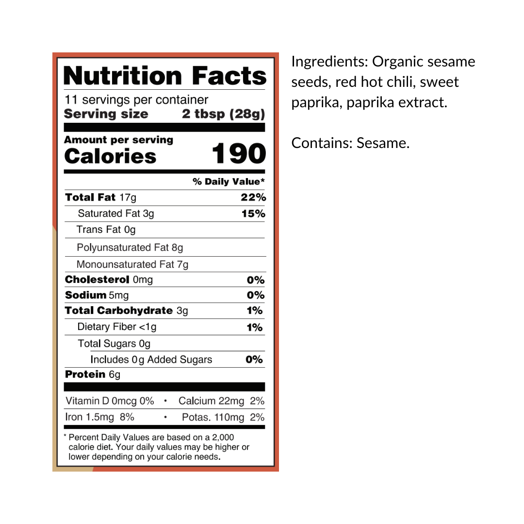 Nutrition label for Organic Spicy Tahini Squeeze Bottle by Seed + Mill – vegan, gluten-free