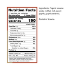 Nutrition label for Organic Spicy Tahini Squeeze Bottle by Seed + Mill – vegan, gluten-free