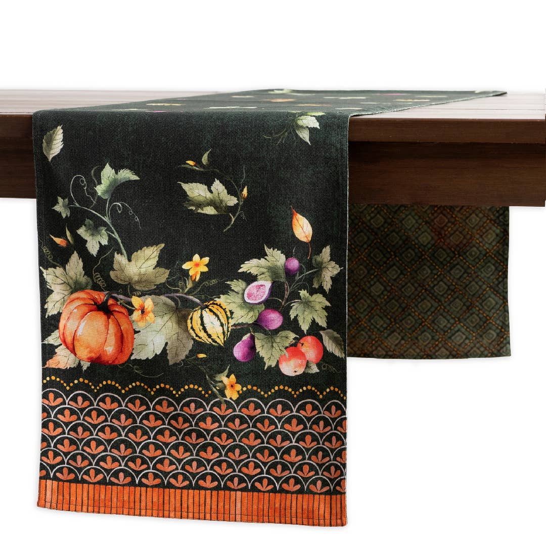 Pumpkin Garden Table Runner by Maison d'Hermine, featuring pumpkins and floral patterns on a wooden table