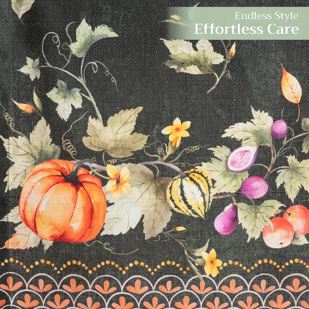 Pumpkin Garden Table Runner by Maison d'Hermine, featuring decorative fabric with pumpkins, leaves, and flowers on a dark background.