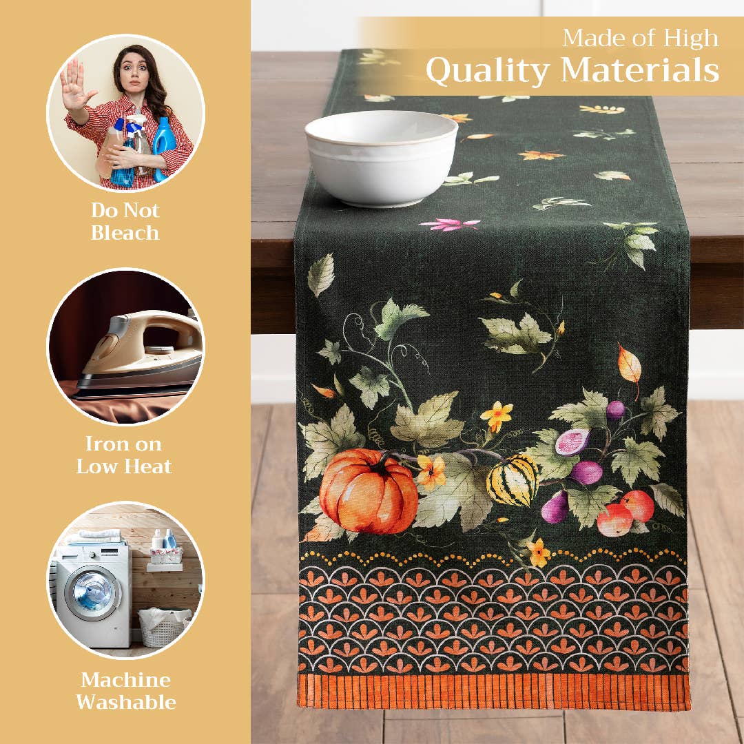 Pumpkin Garden Table Runner by Maison d'Hermine, featuring an autumn design on a table, with care instructions on the side.
