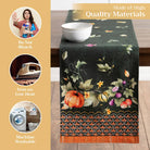 Pumpkin Garden Table Runner by Maison d'Hermine, featuring an autumn design on a table, with care instructions on the side.