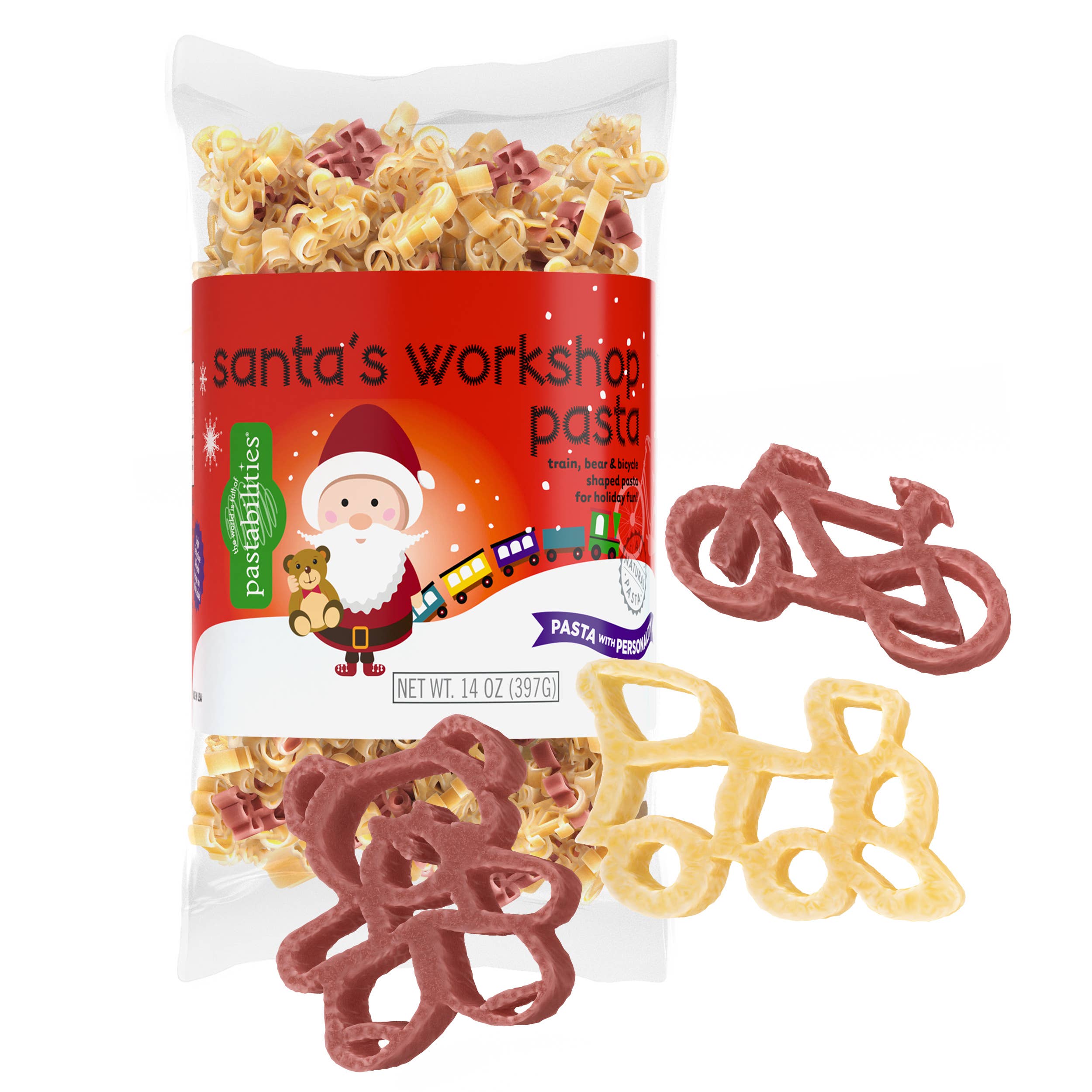 Packaged Santa’s Workshop Pasta from Pastabilities, featuring a Christmas-themed design and festive, letter-shaped pasta perfect for the holiday season