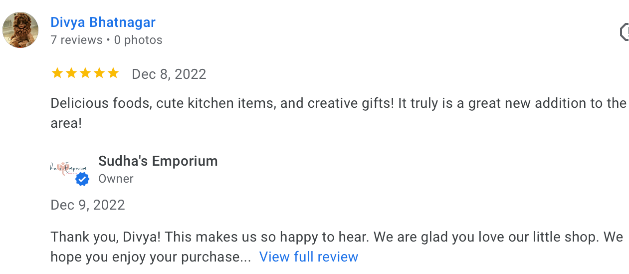 Customer review and response from Sudha's Emporium on a platform like Google Reviews.