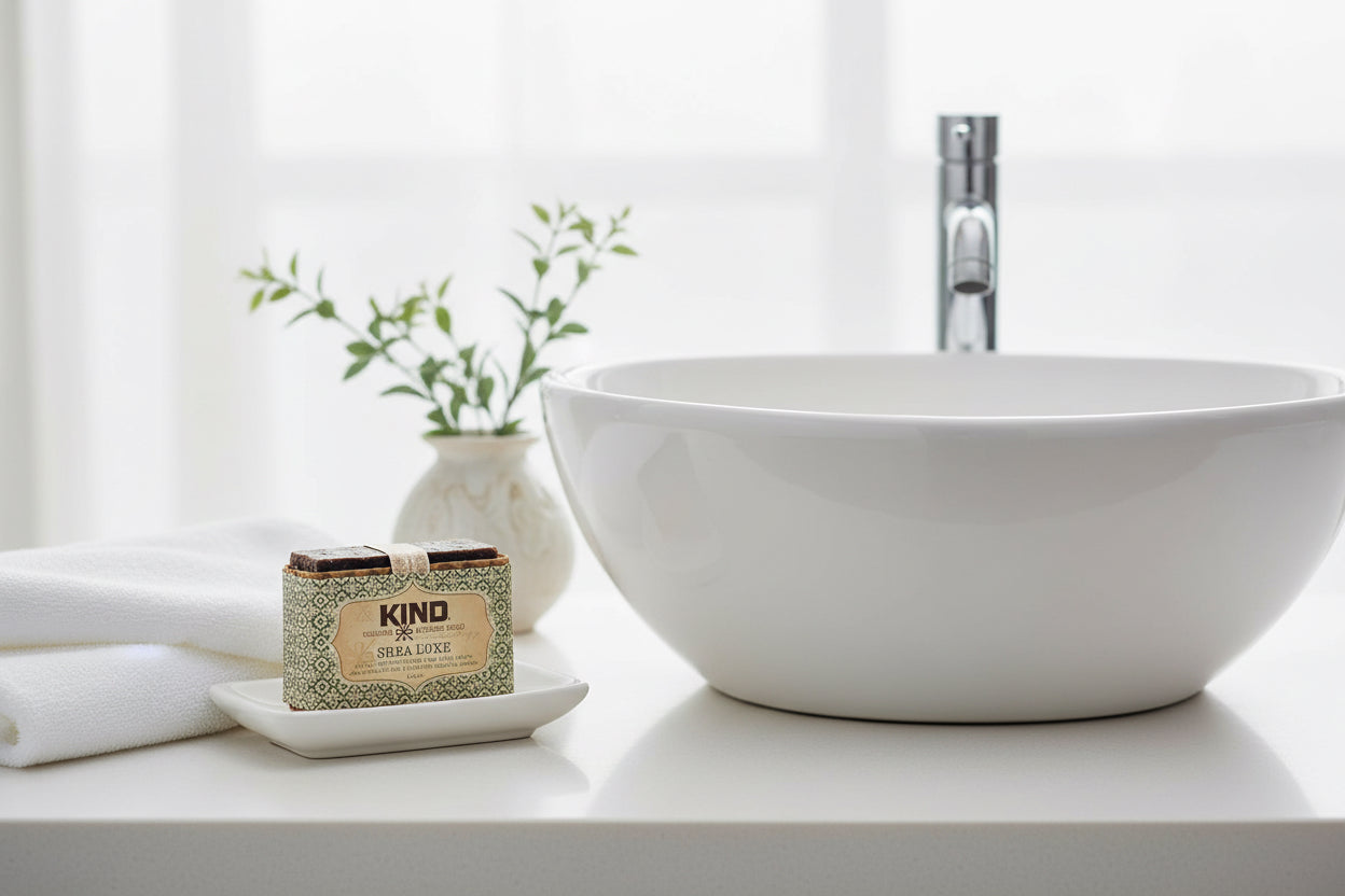 Kind Apothecary TShea Luxe Natural Artisan Soap Bar being used in a bathroom setting 