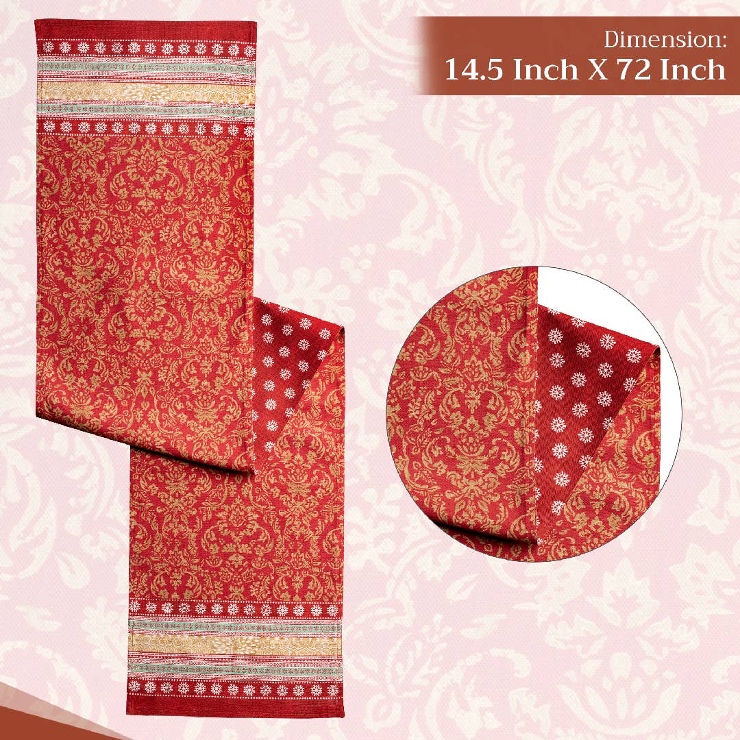 The Sofia Fall Table Runner by Maison d’Hermine features elegant gold and white patterns set against a soft pink background. It also includes dimensions for a perfect fit on your table.