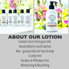 Goat milk lotion bottles with product details on a natural background
