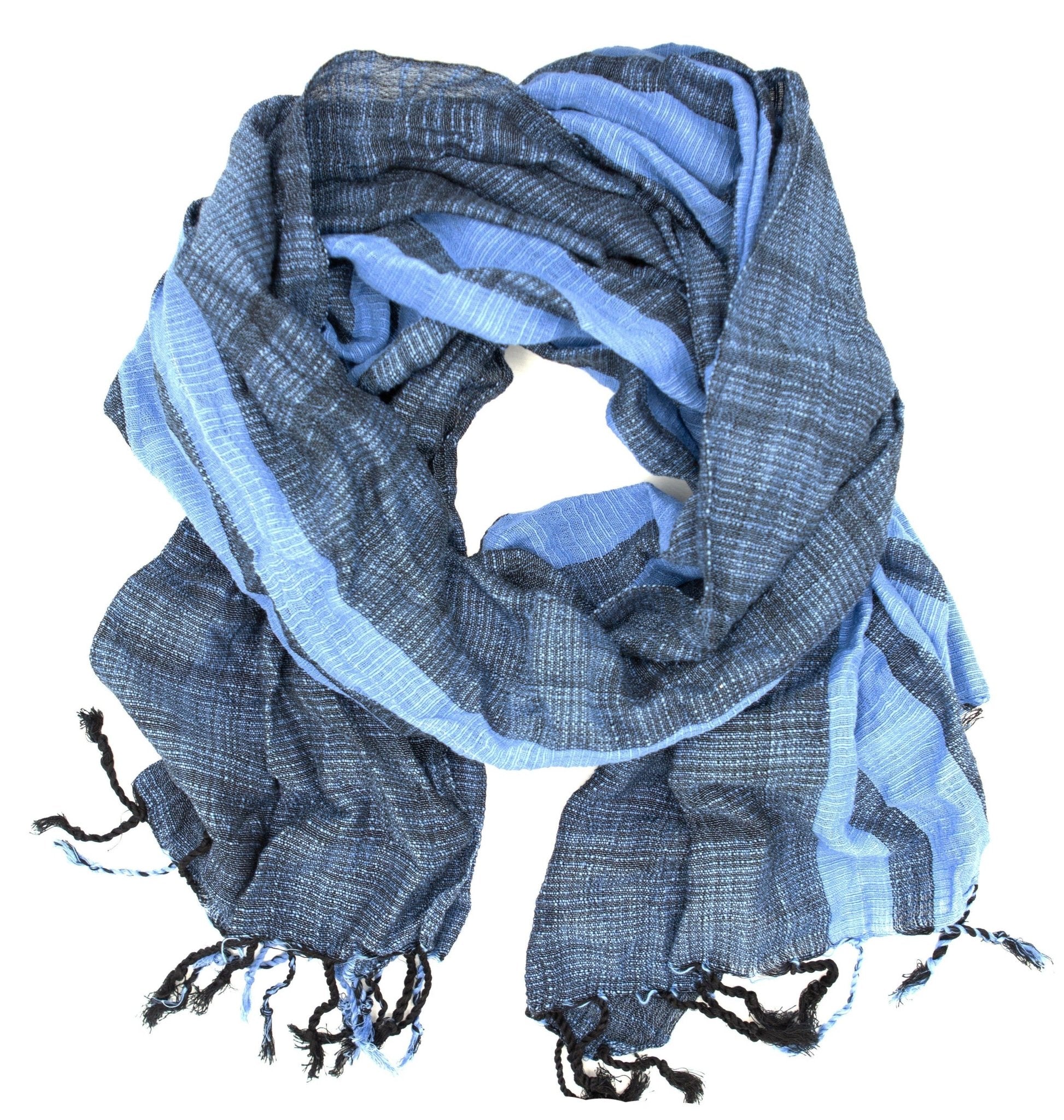 The Stormy Seas Woven Cotton Scarf by Fair Anita features blue and gray stripes, accented with tassels