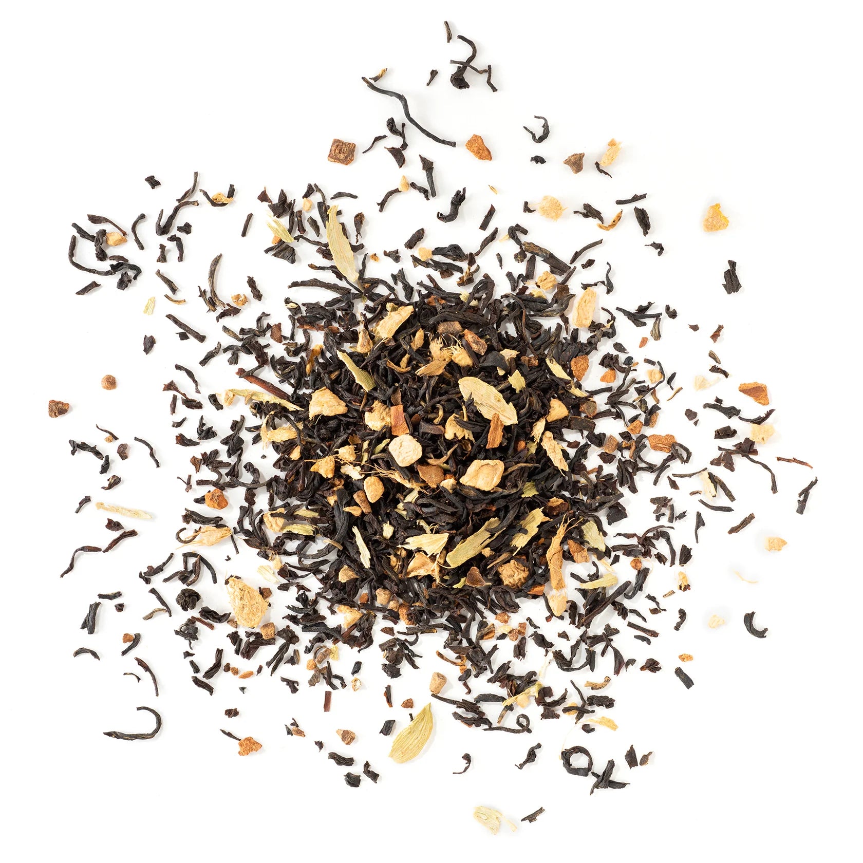 Vanilla Chai Tea leaves from Apolis Tea, featuring a blend of visible herbs and spices, displayed on a white background