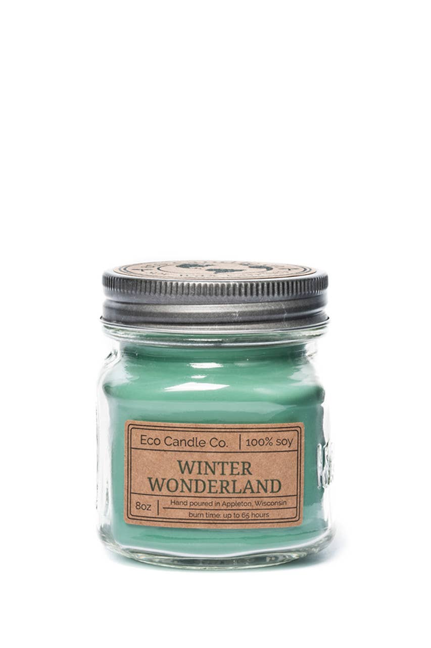 Winter Wonderland Soy Candle in a glass jar with a metal lid by Eco Candle Co.
