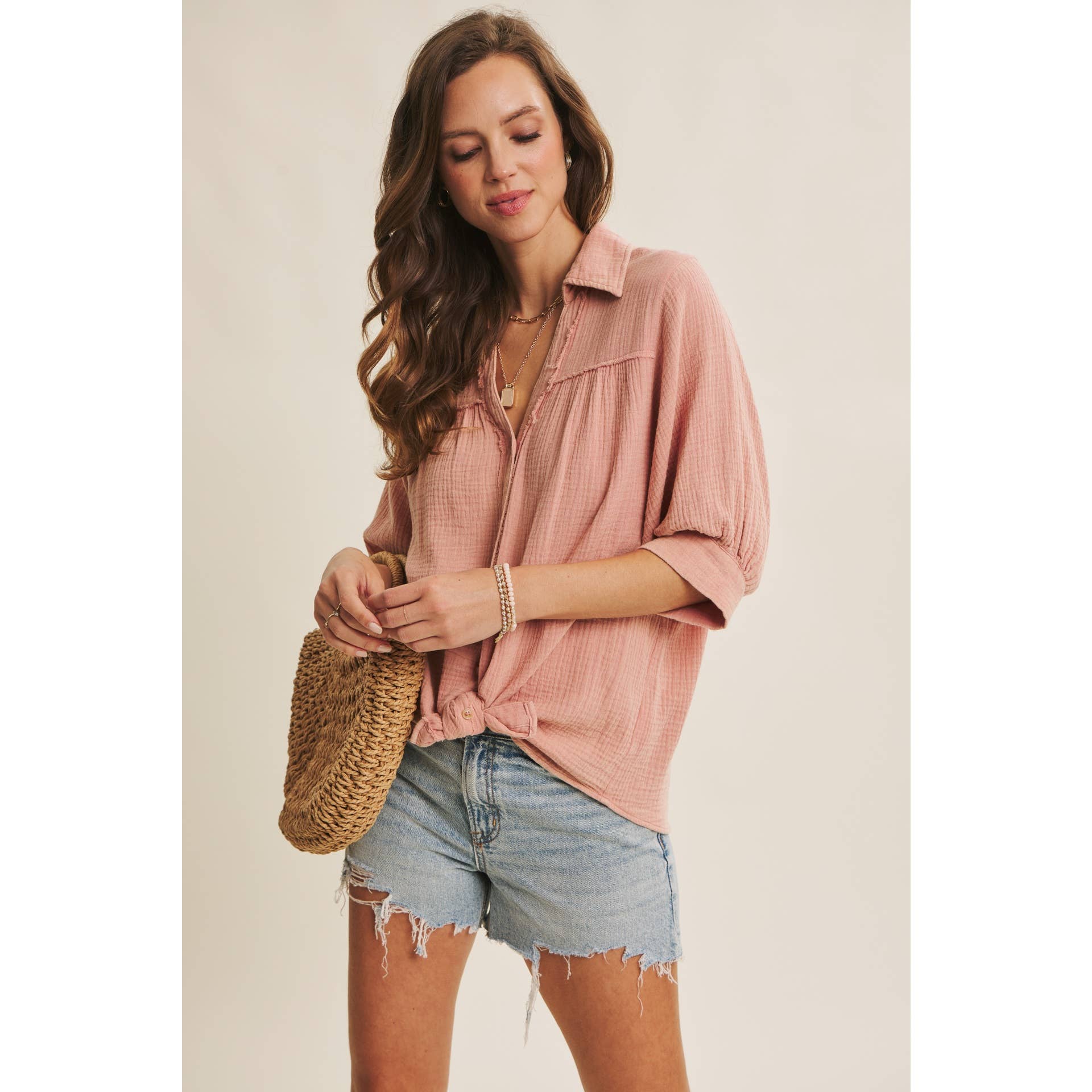 Cotton Gauze Shirt - Side View | Split Neckline Detail