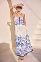 Border Print Maxi Dress - Front View | Blue Floral Print by Skies Are Blue