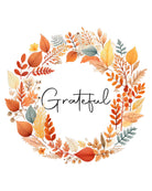 Close-up of the Fall Wreath Watercolor Kit by Breath People, featuring a circular wreath of autumn leaves with the word 'Grateful' in the center on a white background.