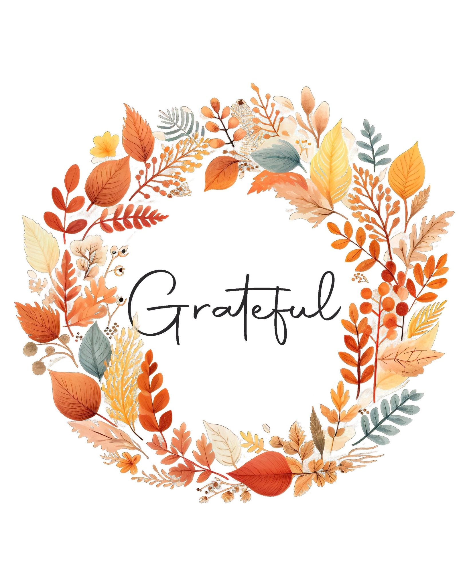 Close-up of the Fall Wreath Watercolor Kit by Breath People, featuring a circular wreath of autumn leaves with the word 'Grateful' in the center on a white background.