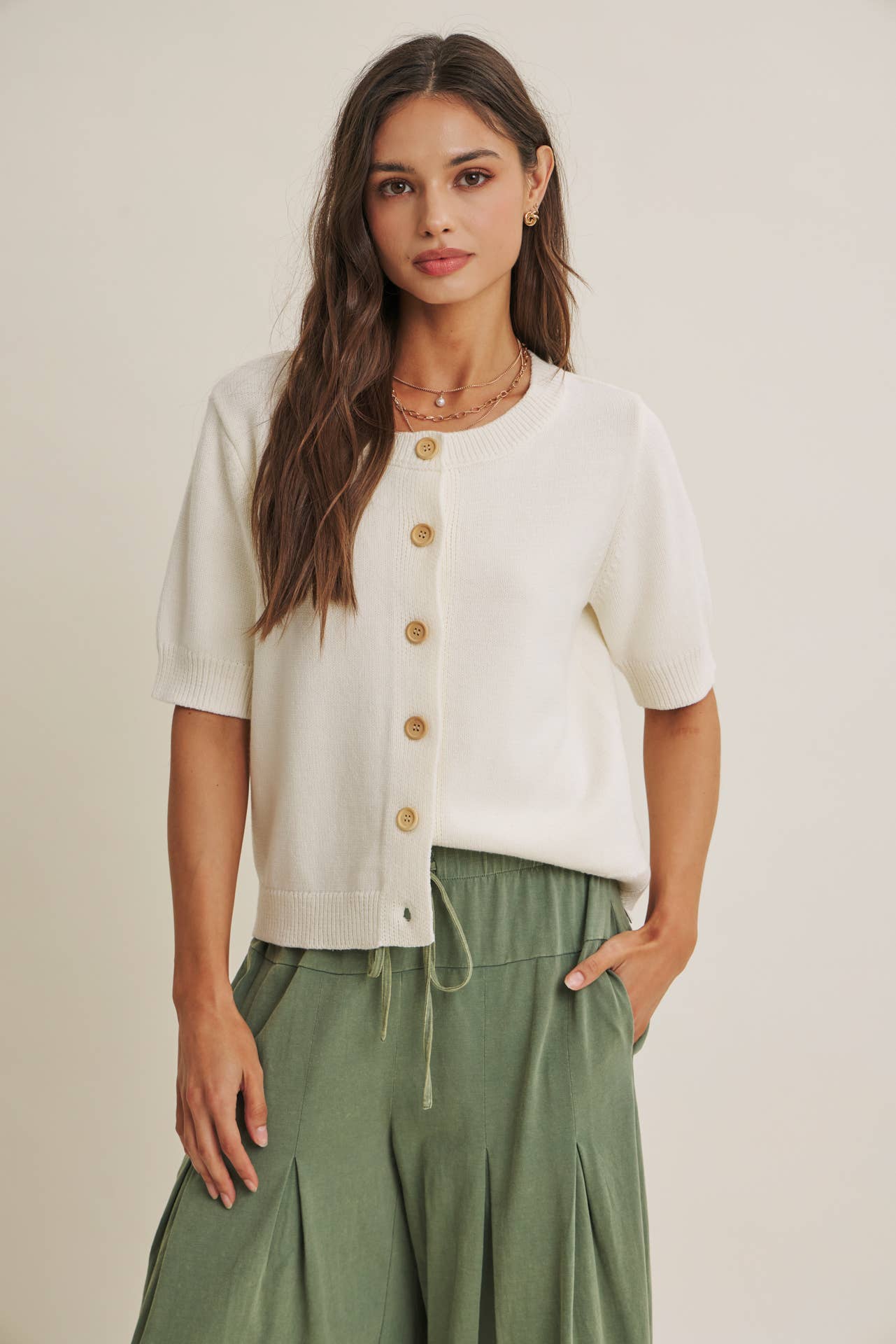 Cotton Knit Cardigan - Back View | Ribbed Trim Detail