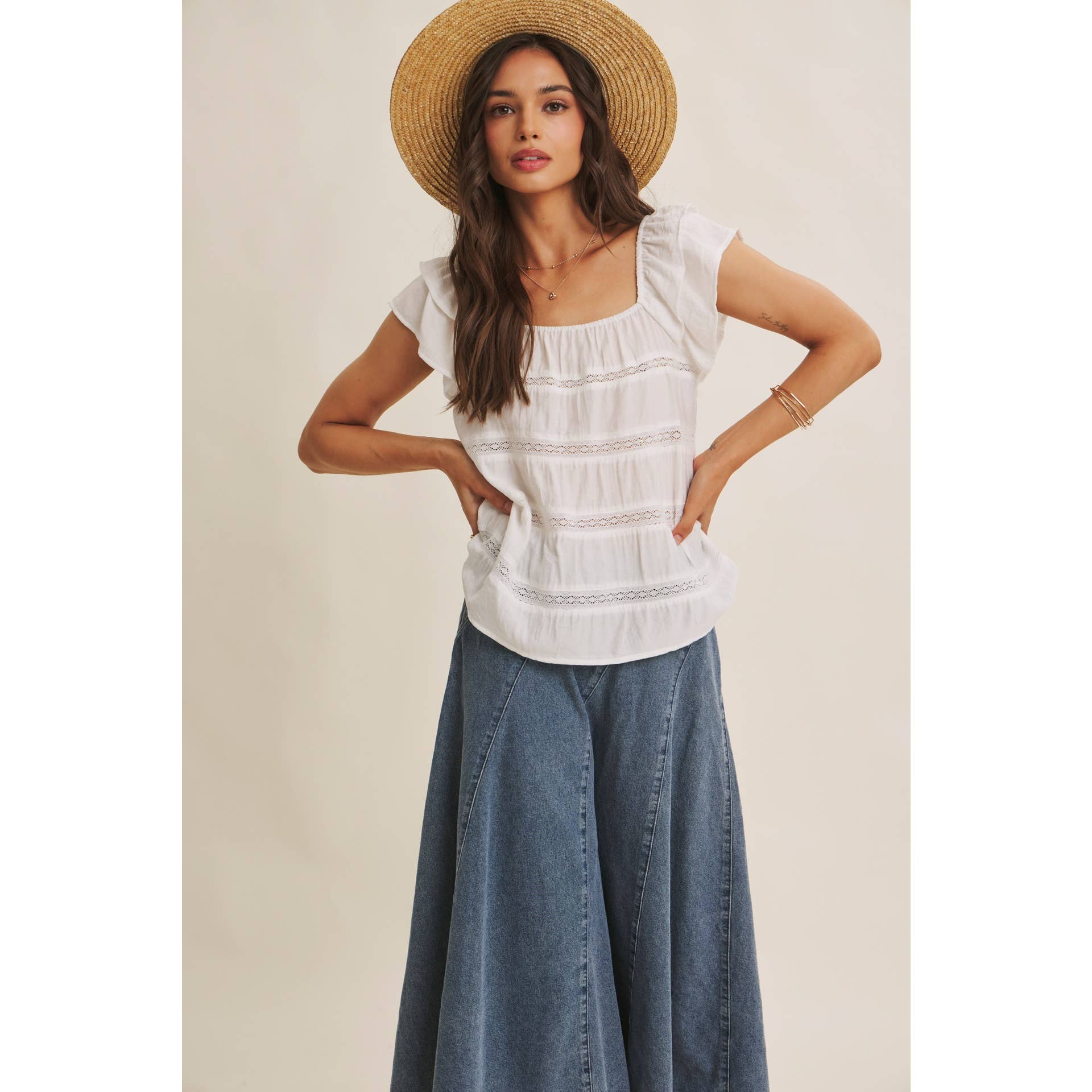 Ruffle Sleeve Tiered Top - Styled with Denim Skirt | Boho Outfit
