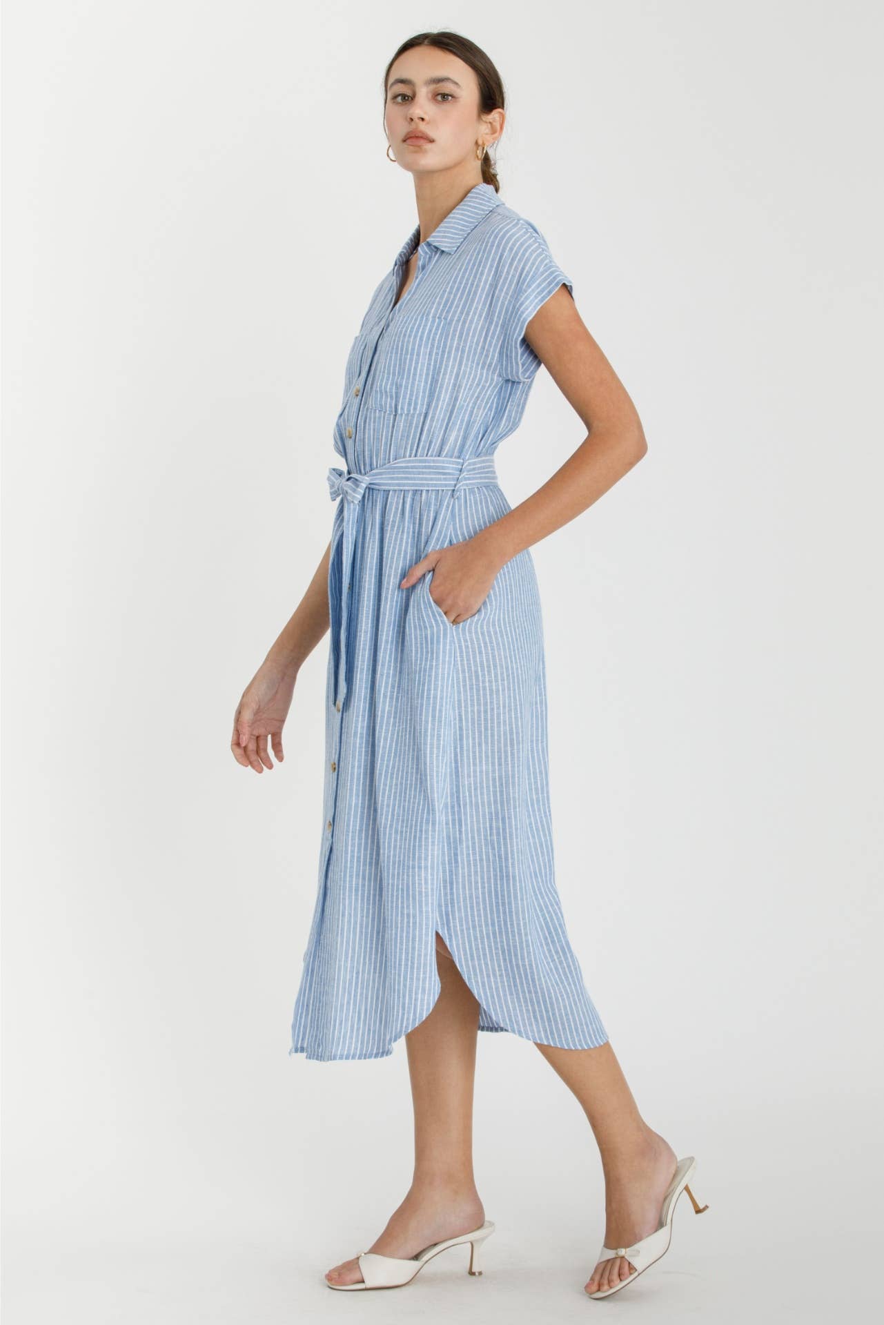 Women's Striped Linen Shirt Dress with Button-Up Front and Patch Pockets