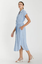 Women's Striped Linen Shirt Dress with Button-Up Front and Patch Pockets