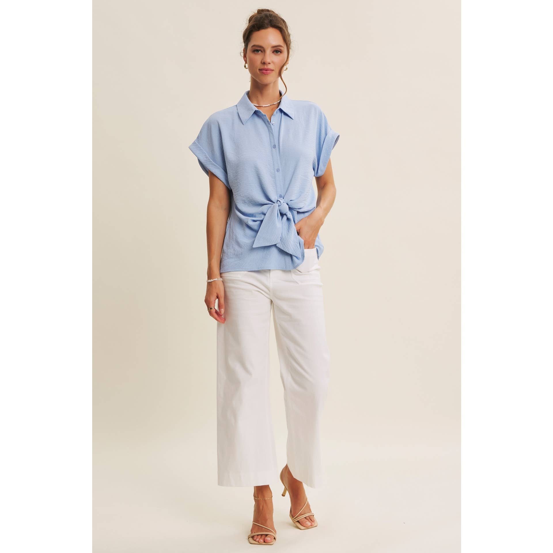 Knotted Blouse Top - Detail View | Collared Neckline and Knot