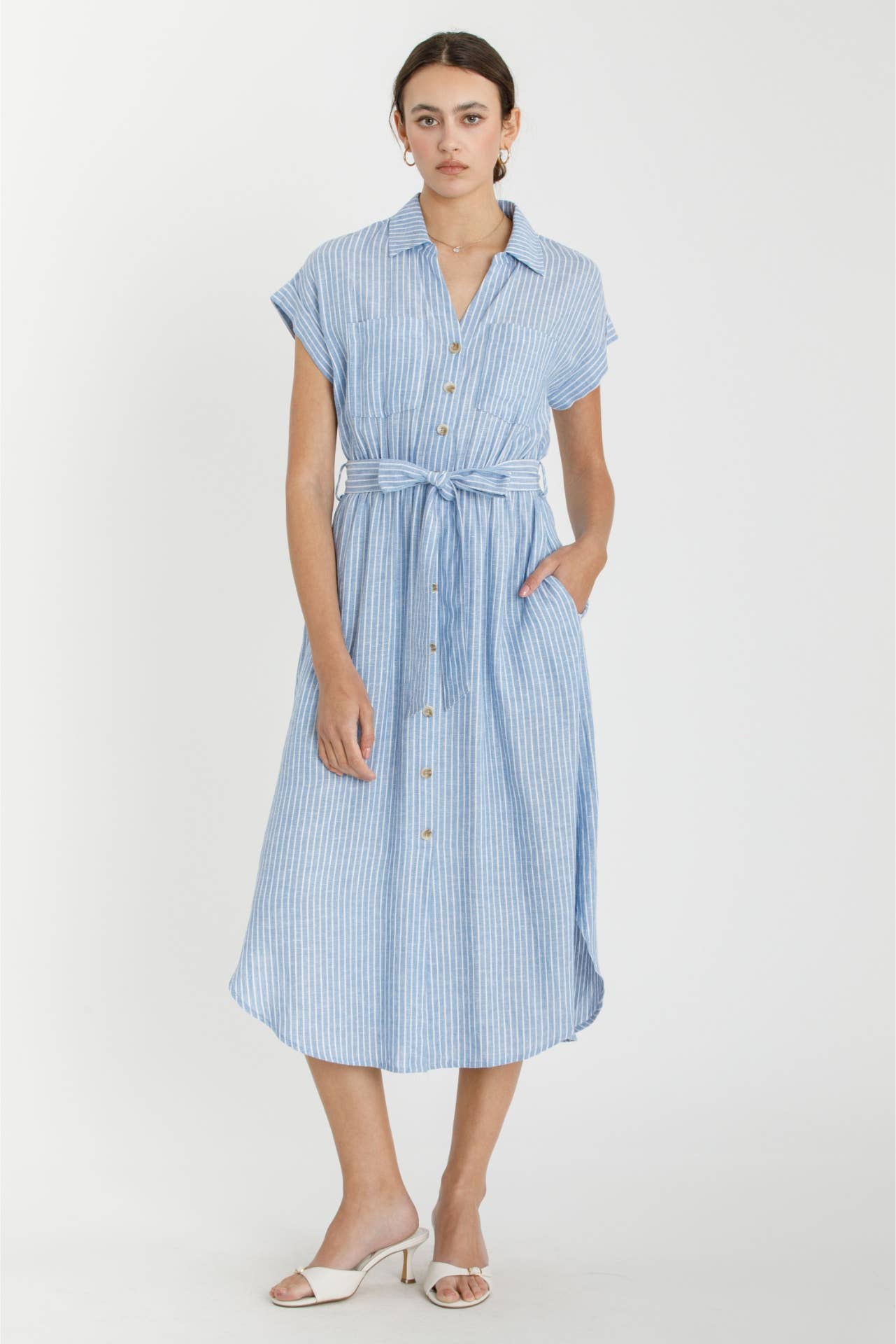 Striped Utility Shirt Dress with Self-Tie Waist - Side View | Blue & White Stripe