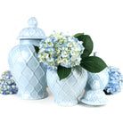 Three Light Blue Textured Ginger Jars by 8 Oak Lane with light blue hydrangeas. 